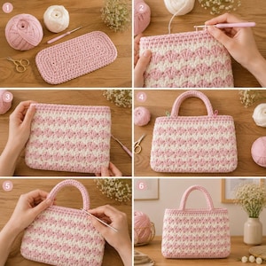 May include: A step-by-step guide to crocheting a pink and white handbag. The process includes crocheting the base, sides, and handles. The finished bag has a textured pattern and two small handles.