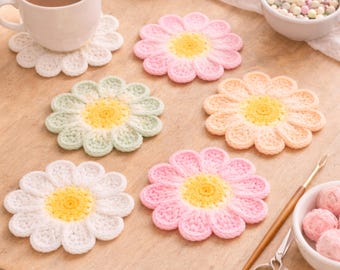 Patrón de posavasos de flores a crochet / Posavasos de margarita de 8 pétalos / Decoración a crochet fácil para principiantes / Patrón de posavasos floral