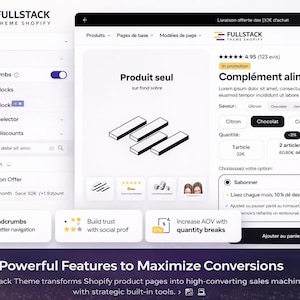 May include: Screenshot of a Shopify product page with the FullStack Theme. The page displays product details, including a product image, flavor options, and quantity discounts. The page also features breadcrumbs and a subscription option.