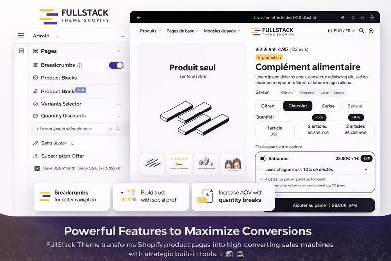 May include: Screenshot of a Shopify product page with the FullStack Theme. The page displays product details, including a product image, flavor options, and quantity discounts. The page also features breadcrumbs and a subscription option.