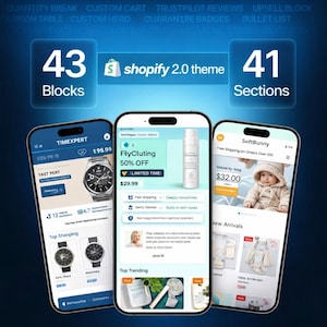 Può includere: Tre smartphone che mostrano interfacce di siti web di e-commerce. Gli schermi mostrano elenchi di prodotti per orologi, cura della pelle e abbigliamento per bambini. L'immagine include anche il testo "shopify 2.0 theme", "43 Blocks" e "41 Sections".