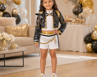 Girls Black Gold Streetwear Costume Set, Kpop Dance Outfit, Halloween Cosplay Kids (Ages 3-12)