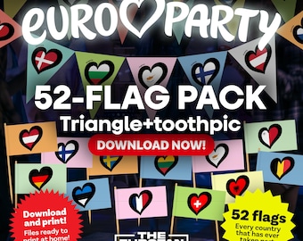 EuroParty – 52 country flags, Eurovision Party Decoration, Ceiling and Toothpick flags, Digital Download, Printable PDF, Eurovision Party