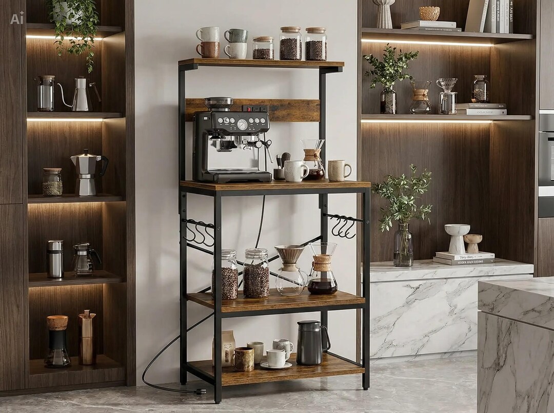 Cafe Center Rack Rustic Coffee Bar Bakers Rack With Power Outlet | Kitchen Storage - Etsy
