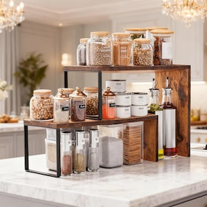May include: A two-tiered wooden spice rack with black metal supports, filled with various glass jars and containers. The jars contain spices, grains, and other kitchen staples. Two glass bottles with oil and vinegar are also visible, along with small metal tins.