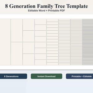 May include: A family tree template with an 8-generation layout. The design features a grid of rectangular and square boxes for names and details. Text at the top reads "8 Generation Family Tree Template." Buttons below say "8 Generations," "Instant Download," and "Printable + Editable."