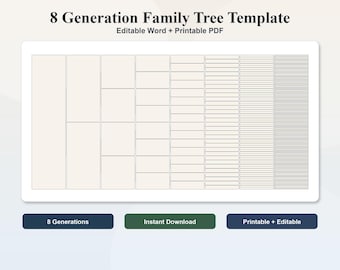 Plantilla de árbol genealógico de 8 generaciones (PDF editable en Word), cuadro genealógico imprimible, registro de historia familiar, hoja de trabajo de ascendencia, descarga instantánea