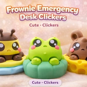 May include: Three cute desk clickers shaped like a bee, frog, and mouse. The bee is yellow and brown, the frog is green, and the mouse is brown. Each has large eyes and is set on a colorful base. Text on the image reads "Frownie Emergency Desk Clickers."