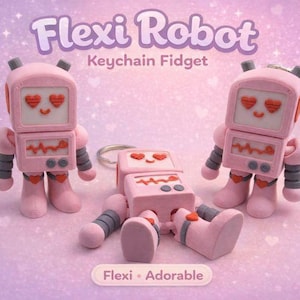 May include: Pink Flexi Robot keychain fidgets with heart eyes and a screen displaying a heartbeat. The robots have gray arms and are on a light purple background with the words "Flexi Robot Keychain Fidget" and "Flexi • Adorable".
