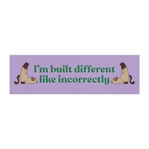 May include: A rectangular sticker with a light purple background. The sticker features the text "I'm built different like incorrectly" in green. Two cartoon cat illustrations are on either side of the text.