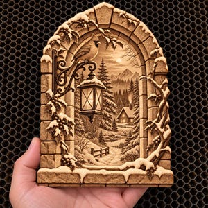 May include: A rectangular wooden plaque featuring a laser-engraved winter scene of a stone archway, a cardinal perched on a lantern, and a snow-covered cabin in a forest. The detailed relief carving depicts holly branches and snowy textures.