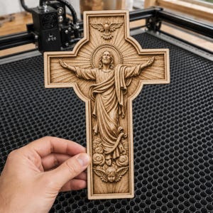 May include: A light brown wooden cross featuring a laser-engraved depiction of Jesus with arms outstretched, surrounded by a sunburst halo. Above is a dove, and below are clouds and a cherub. The cross has a detailed, textured relief design.