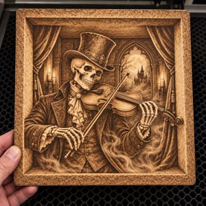 May include: A square wooden plaque featuring a laser-engraved illustration of a skeleton wearing a top hat and formal Victorian attire, playing a violin. The scene includes a gothic castle, a full moon, and draped curtains in a sepia tone.