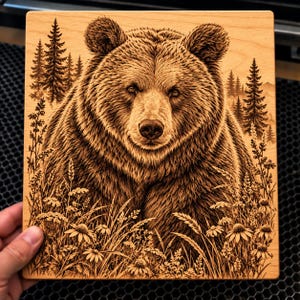 May include: A square wooden plaque featuring a detailed laser-engraved image of a grizzly bear facing forward. The bear is surrounded by tall grasses, wildflowers, and a forest of pine trees in the background, all rendered in brown tones.
