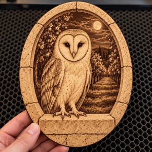 May include: An oval-shaped wooden plaque featuring a laser-engraved barn owl perched on a stone ledge. The background depicts a moonlit orchard with rows of trees under a full moon. The entire scene is framed by a textured, stone-like border.