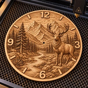 Puede incluir: Un reloj de pared circular de madera con un paisaje grabado a láser. El diseño muestra un ciervo majestuoso sobre una orilla rocosa junto a un río serpenteante, con un denso bosque de pinos y altas cumbres montañosas al fondo. La esfera incluye los números 3, 6, 9 y 12, junto con marcas simples para las horas restantes.
