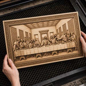 May include: A rectangular wooden wall plaque featuring a detailed laser-engraved depiction of The Last Supper. The artwork shows thirteen figures seated at a long table within a room with paneled walls and a coffered ceiling, all framed by a border.