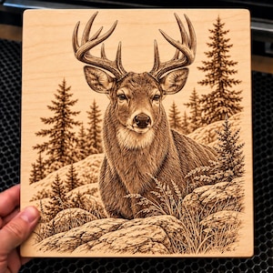 May include: A square light-coloured wooden plaque featuring a detailed laser-engraved illustration of a deer with large antlers. The deer is positioned in a forest setting with pine trees, rocky terrain, and tall grasses in the foreground.