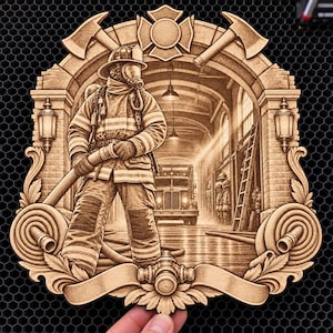 Puede incluir: Una placa de madera grabada con láser que muestra a un bombero con equipo completo sosteniendo una manguera, enmarcada por un arco con hachas cruzadas, un emblema de hidrante y mangueras enrolladas en una estación.