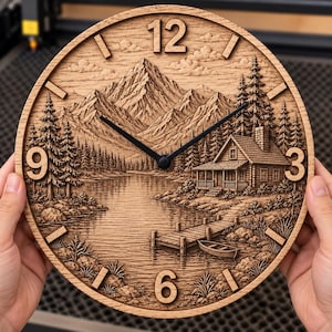 May include: A round wooden wall clock featuring a laser-engraved mountain landscape with a cabin, a lake, a dock, and a small boat. The clock face displays large numerals at the 3, 6, 9, and 12 o'clock positions, with black hour and minute hands.