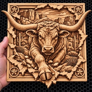 May include: A square wooden wall plaque featuring a detailed relief carving of a longhorn bull in a desert landscape. The bull is centred with large horns extending outward. Each corner of the frame contains a carved star within a circle.