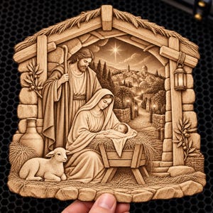 May include: A wooden wall plaque featuring a detailed relief carving of a nativity scene. The image depicts a central figure standing with a staff, a seated figure holding an infant in a manger, a lamb, and a background view of a town under a star.