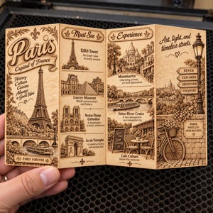 Könnte beinhalten: Ein vierseitiges, laser-graviertes Holz-Souvenir mit Pariser Wahrzeichen wie dem Eiffelturm, dem Louvre, Notre-Dame und dem Arc de Triomphe. Der Text enthält 'Paris Capital of France', 'Must See', 'Experience' und 'Art, light, and timeless streets'.
