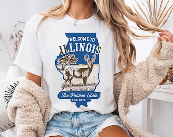 Welcome to Illinois Shirt, Prairie State Deer Graphic Tee, Vintage Illinois State Outline T-Shirt, Midwest Nature Travel Shirt
