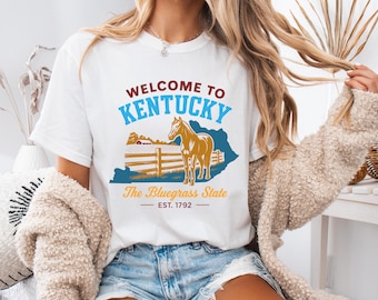 Welcome To Kentucky Shirt, Kentucky Horse Graphic Tee, Bluegrass State T Shirt, Vintage Kentucky Travel Souvenir