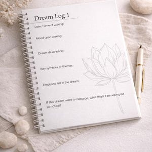 May include: A white spiral-bound notebook titled "Dream Log 1" with prompts for recording dreams, including date, mood, and dream description. A pen and decorative flower are next to the notebook. The notebook is on a neutral-colored surface.