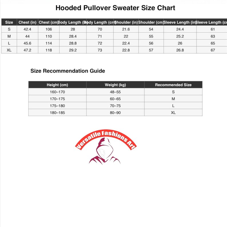 Puede incluir: Una tabla de tallas para un jersey con capucha, con medidas en pulgadas y cent&iacute;metros. Incluye medidas de pecho, largo del cuerpo, hombros y largo de manga para las tallas S, M, L y XL. Tambi&eacute;n incluye una gu&iacute;a de recomendaci&oacute;n de tallas.