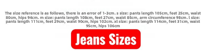 Peut inclure: Texte sur fond blanc indiquant les tailles de jeans. Le texte comprend les mesures de la longueur du pantalon, des pieds, de la taille et des hanches en centim&egrave;tres. Un rectangle rouge avec les mots "Jeans Sizes" est en bas.