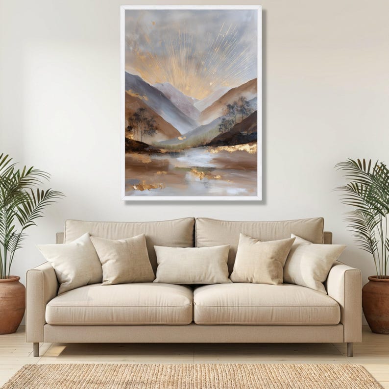 Golden Sunrise Mountain Landscape Canvas, Abstract Metallic Wall Art ...