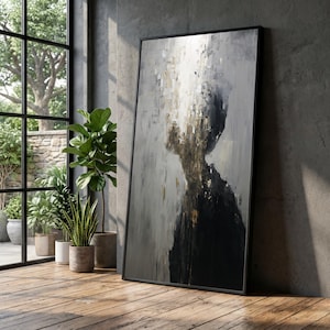 Cuadro abstracto en lienzo, pintura facial moderna con textura, detalles en gris neutro y dorado, decoración contemporánea para el hogar, listo para colgar.