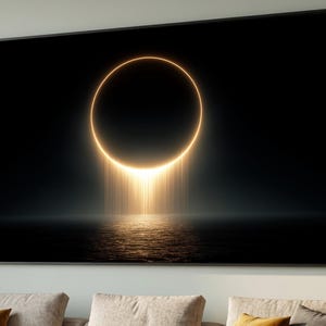 Könnte beinhalten: Großformatige gerahmte Kunst mit einem leuchtenden goldenen Ring in einem dunklen Himmel, mit Lichtstrahlen, die sich auf einer Wasseroberfläche spiegeln. Das Kunstwerk wird über einem Sofa mit neutralfarbenen Kissen gezeigt.