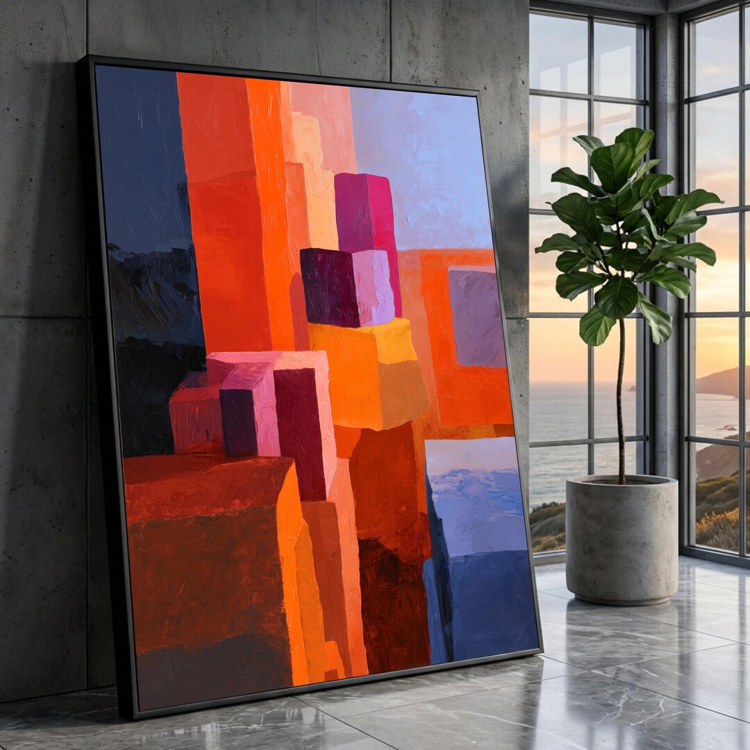 Modern Abstract Geometric Canvas Wall Art, Colorful Block Shapes ...