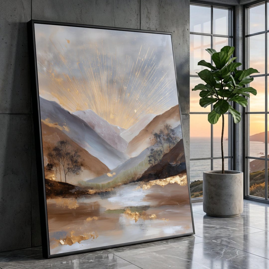 Golden Sunrise Mountain Landscape Canvas, Abstract Metallic Wall Art ...