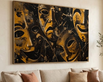 Lienzo con máscaras de teatro dramático, arte de expresión abstracta, decoración de pared en oro y negro, lienzo con rostros de emociones, decoración artística para el hogar.
