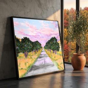 Serene Countryside Road Canvas, Pastel Sky Wall Art, Tranquil Landscape Painting, Nature Trees Canvas, Home Decor Art Print