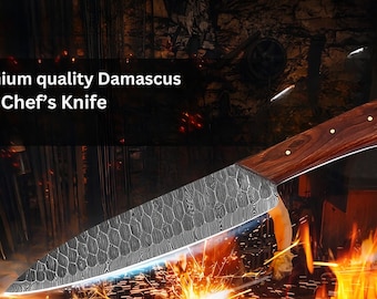 Conjunto de 5 facas de chef em aço Damasco com bainhas de couro, qualidade profissional, forjadas à mão.