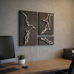 May include: A set of three dark wood panels with white rope outlines of landmasses. The panels are mounted on a gray wall above a wooden desk. A small potted plant and computer are visible on the desk.