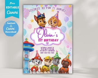 Plantilla editable de invitación de cumpleaños para mascotas / Invitación imprimible para fiestas infantiles / Cumpleaños de niños y niñas de Puppy Patrol Pup Crew / Descarga instantánea