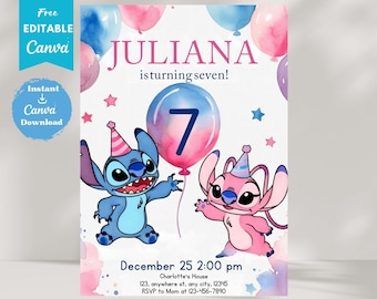 Invitación de cumpleaños número 7 de Stitch y Angel, invitación de cumpleaños editable de Stitch, cumpleaños de Stitch Angel Girls, tema rosa y azul, tarjeta con plantilla de Canva