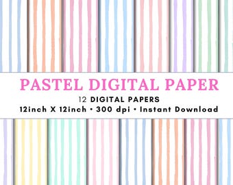 Papeles digitales con fondo de acuarela a rayas en tonos pastel, archivos PNG para Canva u otros diseños de invitaciones, patrones descargables.