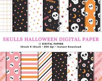 Papel digital de Halloween: fantasmas, arañas y calabazas. Diseños sin costuras en naranja y negro. Fondos espeluznantes. Archivos JPG y PNG imprimibles.
