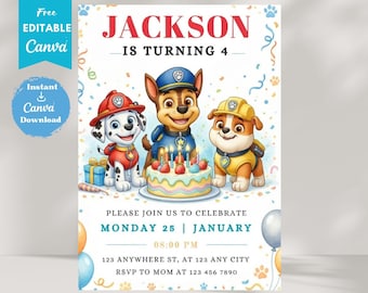Plantilla editable de invitación de cumpleaños para mascotas / Invitación imprimible para fiestas infantiles / Fiesta de cumpleaños de cachorros de Puppy Patrol para niños y niñas (Descarga instantánea)