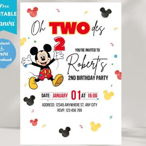 Può includere: Un invito bianco per una festa di secondo compleanno con Topolino. L'invito include il testo "Oh TWO des", "2nd Birthday Party di Robert", data, ora, indirizzo e informazioni RSVP. Le icone decorative di Topolino sono sparse.