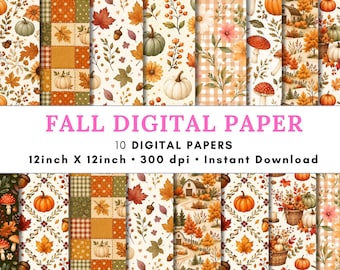 Papel digital de otoño - Papel digital sin costuras de otoño - Diseños con temática otoñal - Patrones de hojas de otoño - Patrones de Halloween - Diseños florales de otoño