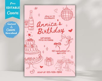 Invitación de cumpleaños con diseño de coqueta roja, plantilla editable dibujada a mano, invitación imprimible, diseño de Canva, descarga digital