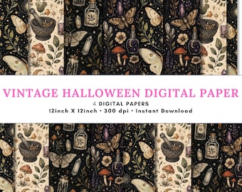 Papel digital de Halloween: fantasmas, arañas y calabazas. Diseños sin costuras en naranja y negro. Fondos espeluznantes. Archivos JPG y PNG imprimibles.